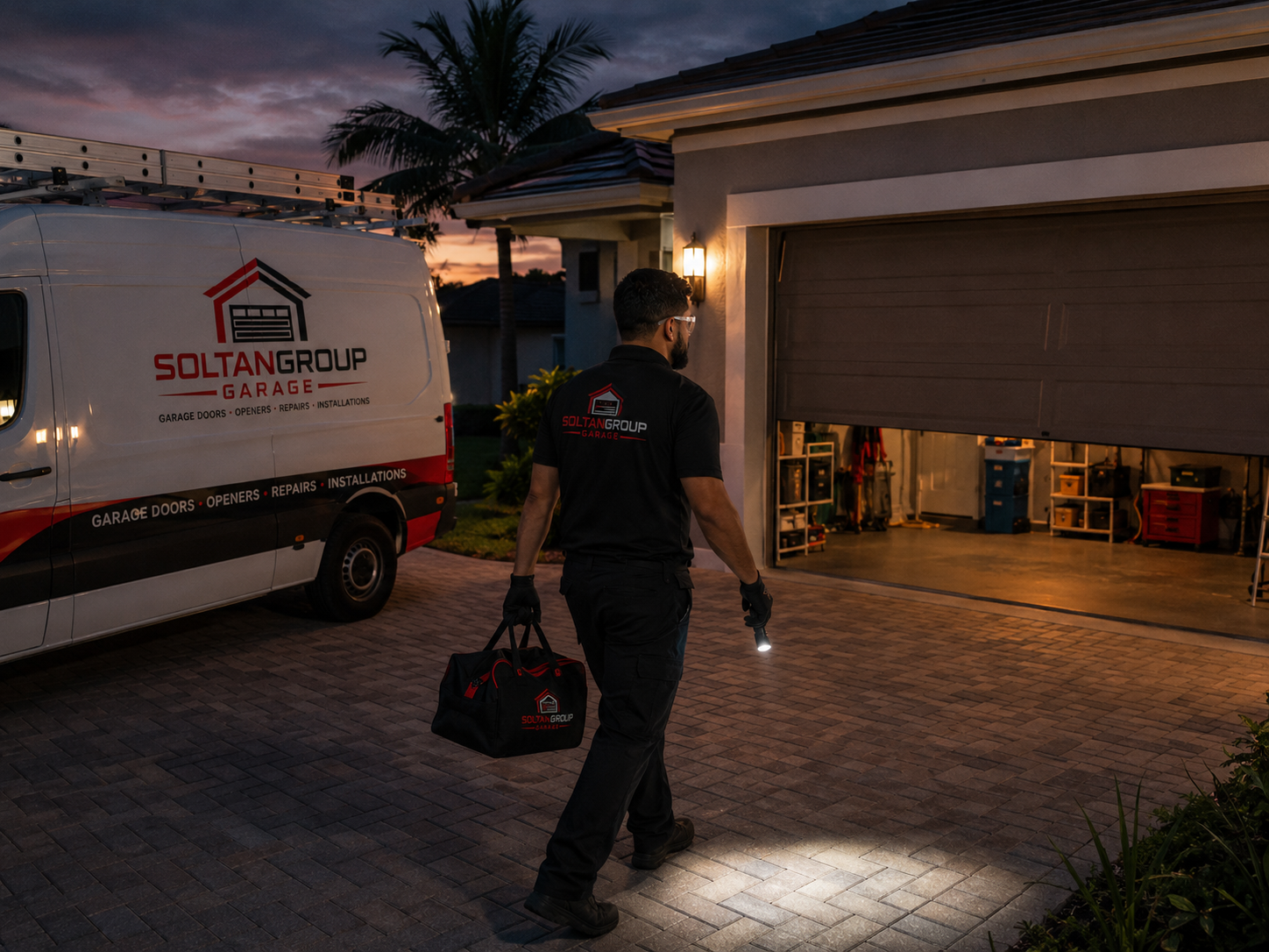 Soltan Group Garage technician arriving for evening emergency garage door service