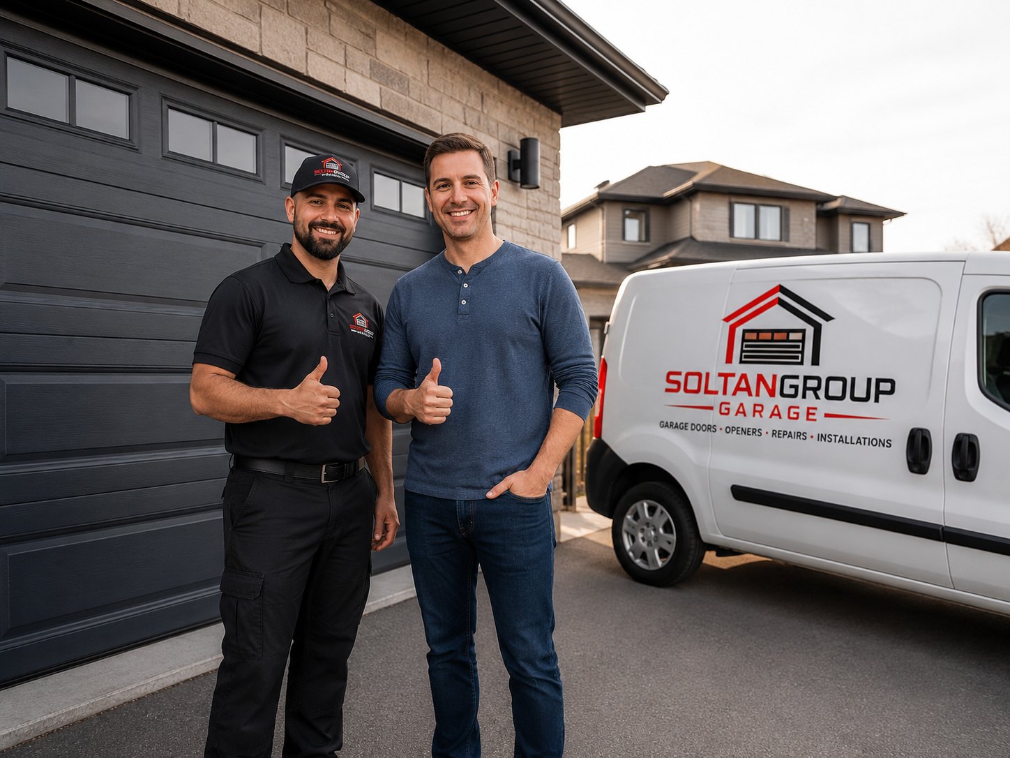 Professional garage door technician working at a Miami home